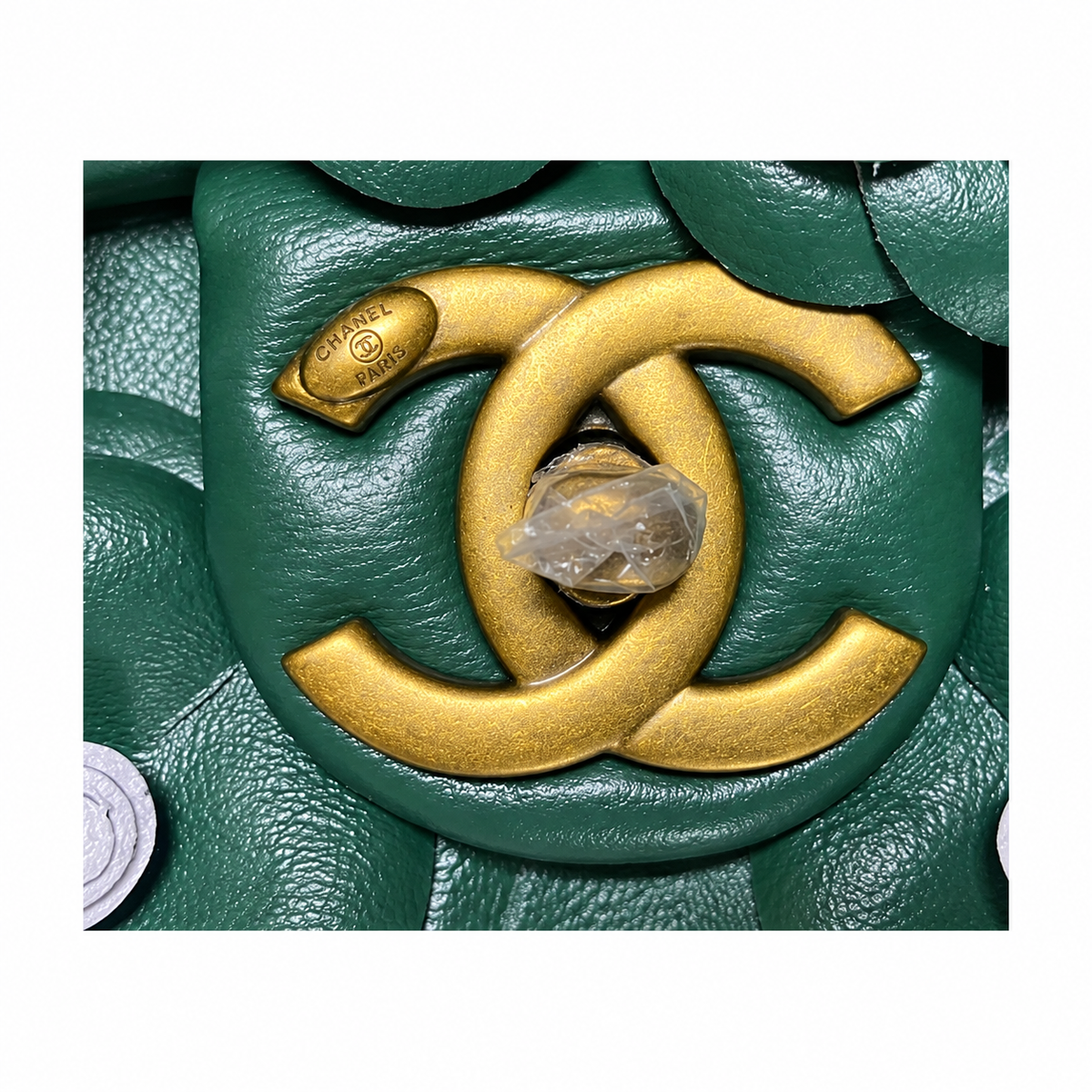 CHANEL Forest Green Camellia Pearl Appliqué Quilted Lambskin Flap Bag