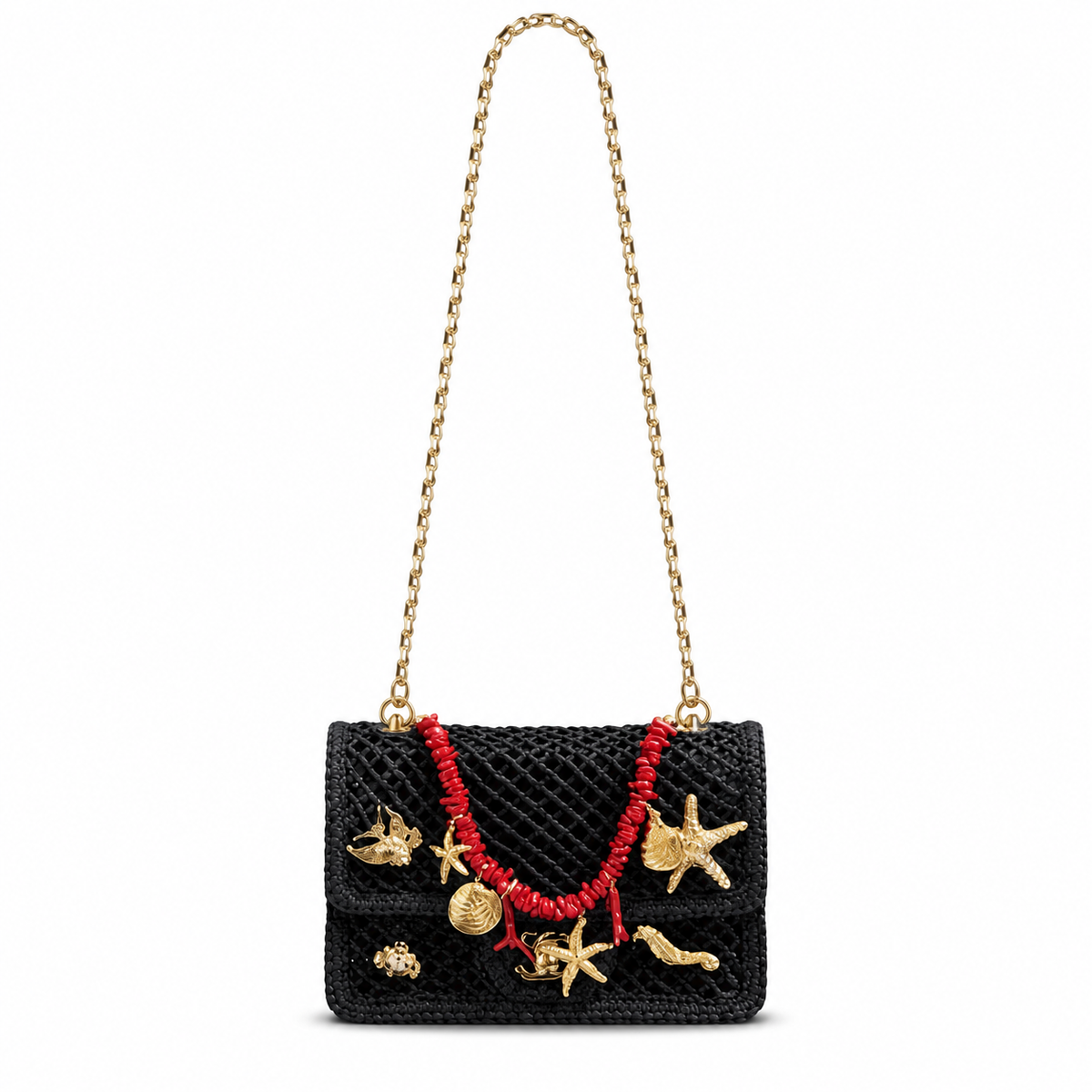 CHANEL Black Crochet Woven Flap Bag Gold Marine Charm Embellishments