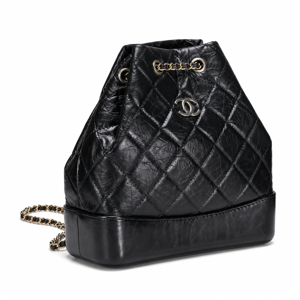 Chanel Gabrielle Backpack Black Aged Distressed Calfskin Mixed Metal Hardware Drawstring Chain 24cm