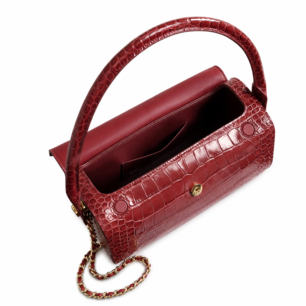 Chanel Deep Red Croc-Embossed Leather Box Flap Crossbody Bag | Gold Chain | 11×23×12.5cm