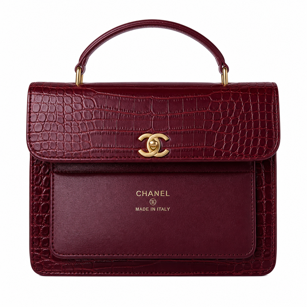 Chanel Burgundy Croc-Embossed Leather Barrel Flap Handbag | Gold CC | 11×23×12.5cm