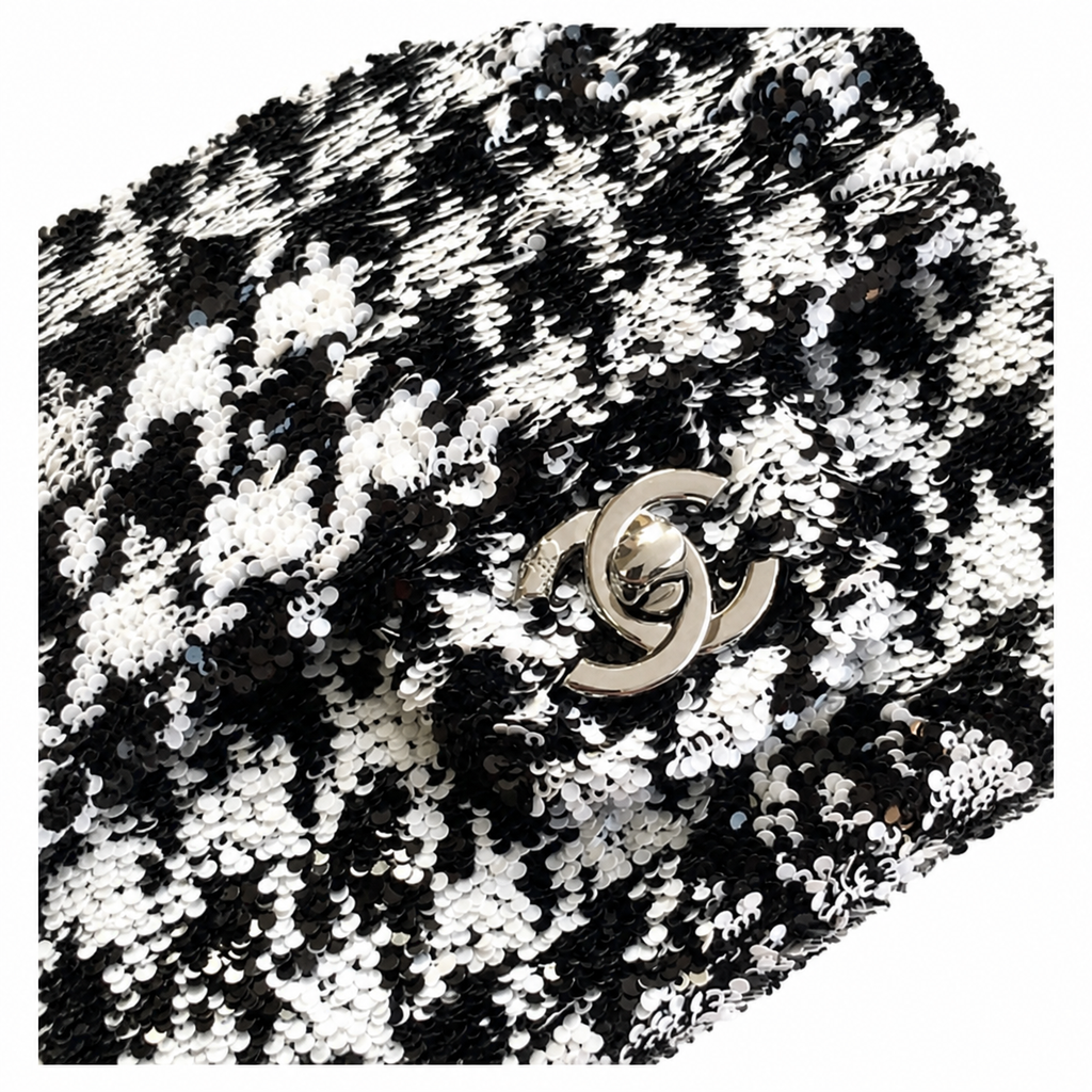 Chanel Black White Sequin Classic Flap Bag Silver CC Chain Crossbody