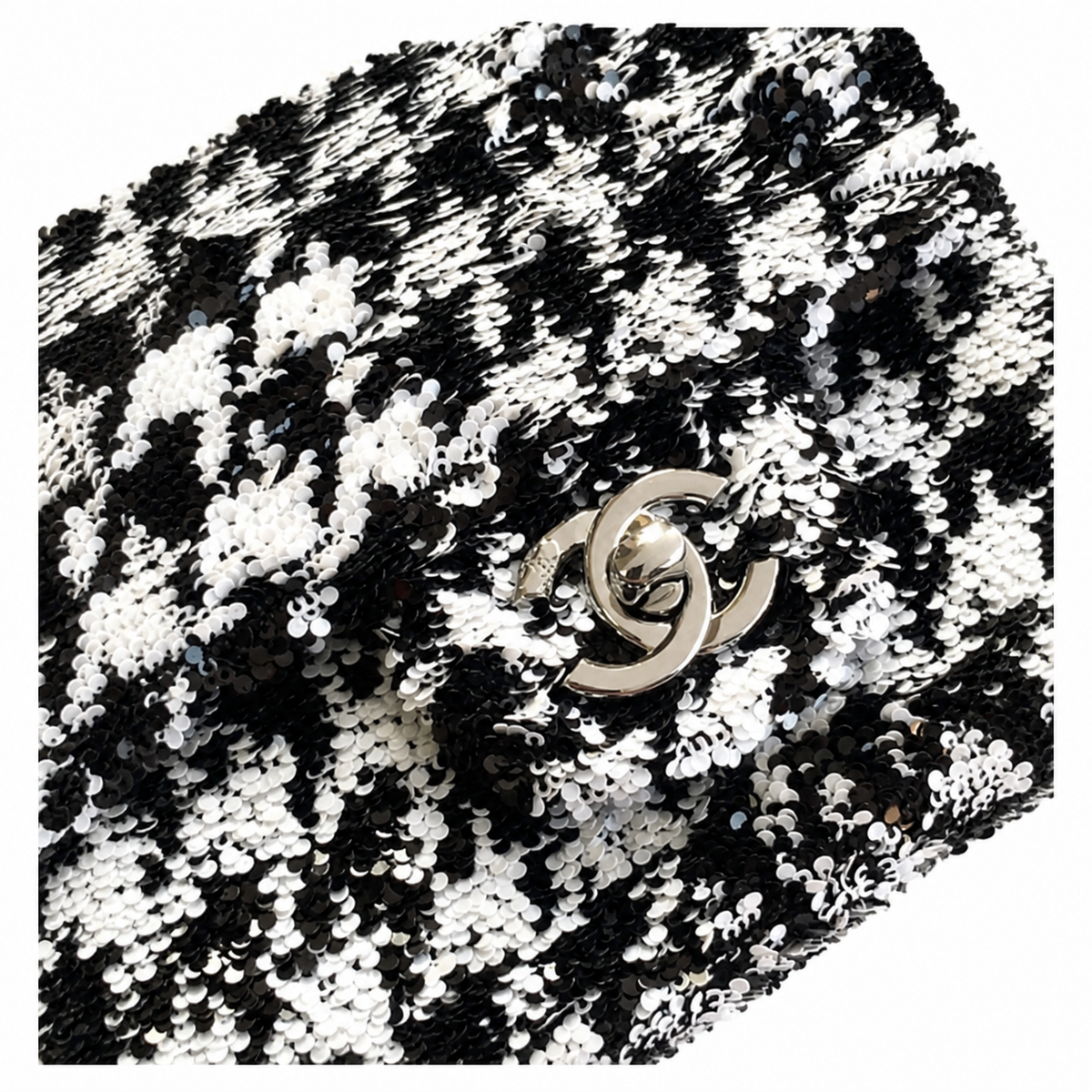 Chanel Black White Sequin Classic Flap Bag Silver CC Chain Crossbody