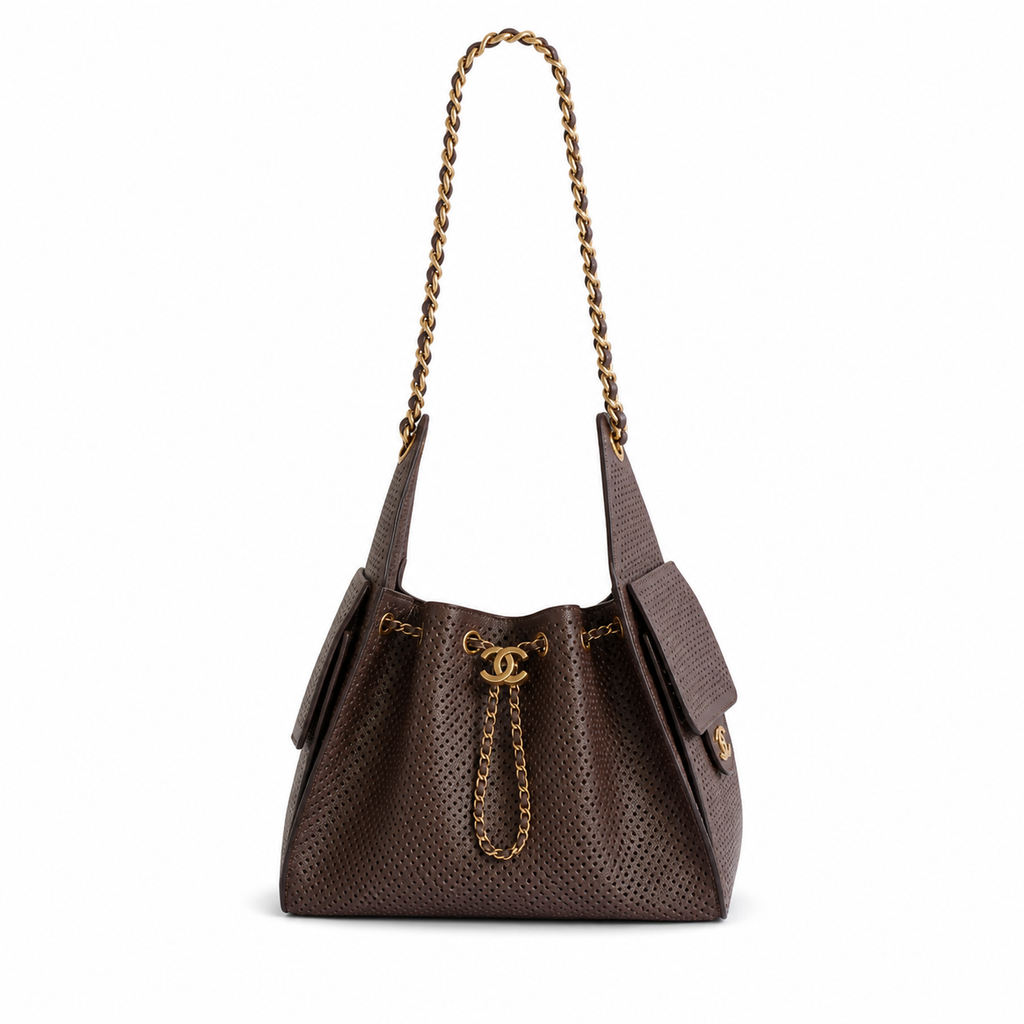 Chanel Perforated Leather Large Shoulder Bag Dark Brown Aged Gold CC Hardware 30cm