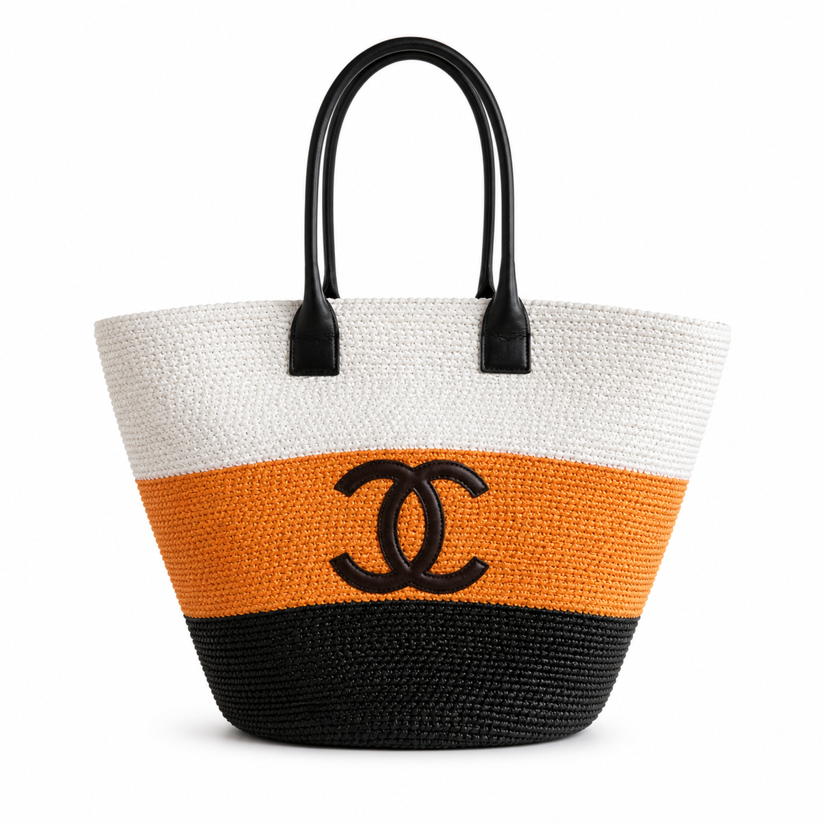 Chanel Beach Tote Bag | White Orange & Black Woven Raffia CC Logo Black Leather Handles | 58cm