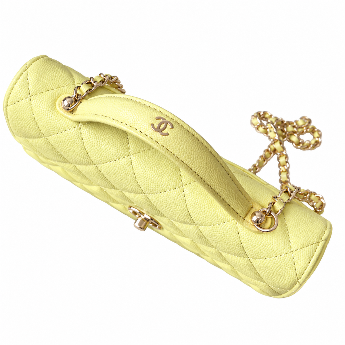 Chanel Classic Flap Mini Rectangle Lemon Yellow Caviar Leather Aged Gold CC Hardware 18.5cm