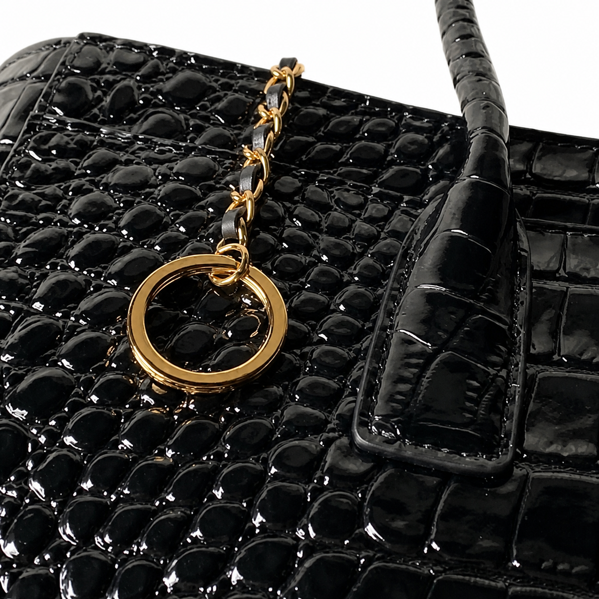 CHANEL Black Patent Croc-Embossed Leather Large Tote Bag CC Turn-Lock