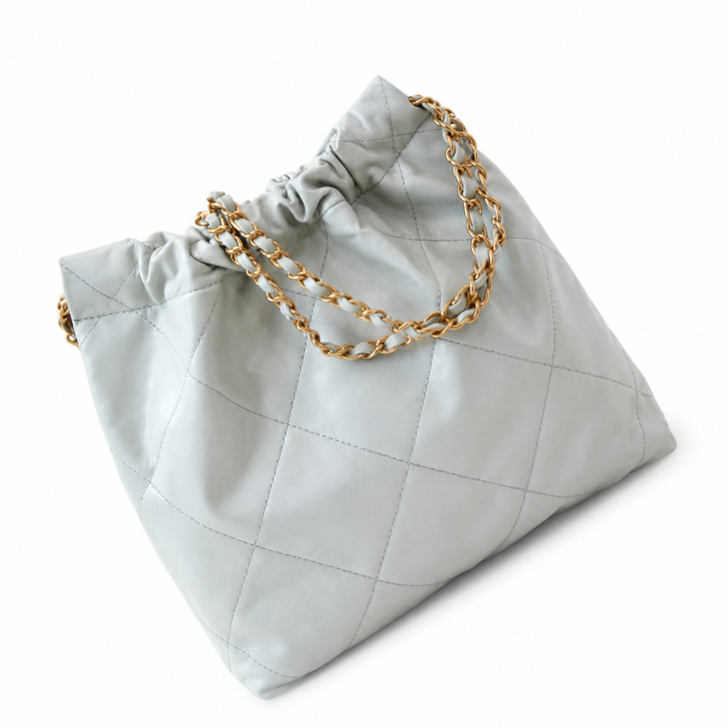 Chanel 22 Large Bag Pale Blue Grey Quilted Calfskin Gold Chain CC Medallion 35cm