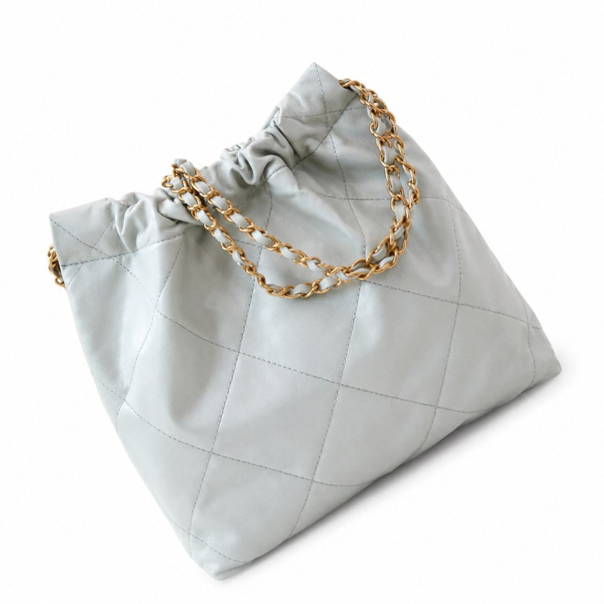 Chanel 22 Large Bag Pale Blue Grey Quilted Calfskin Gold Chain CC Medallion 35cm