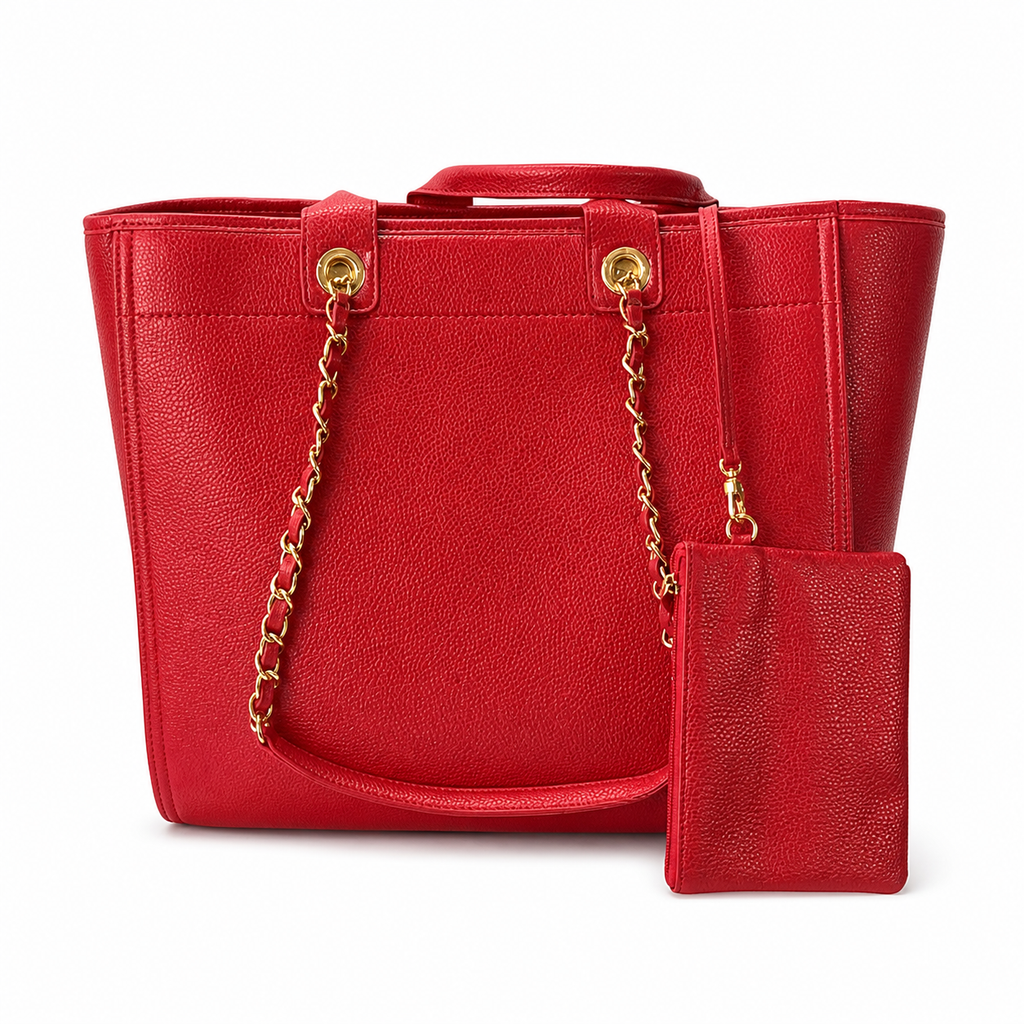 CHANEL Deauville Shopping Tote – Red Caviar Leather Gold Hardware with Detachable CC Pouch 30×50×21cm