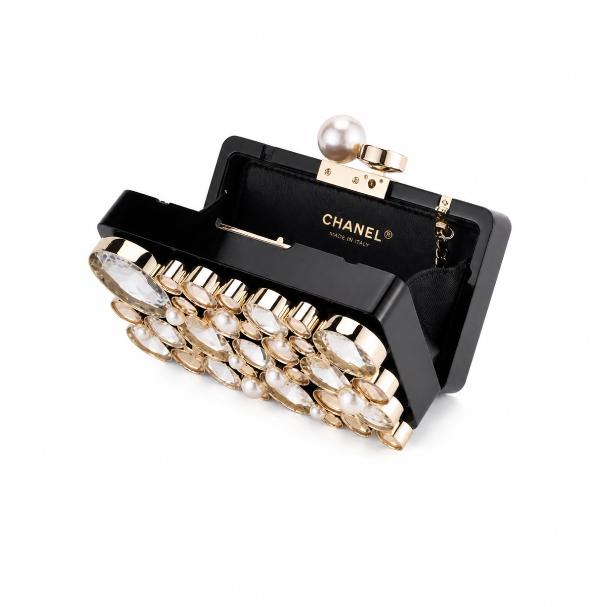 Chanel Black Crystal & Pearl Embellished Evening Box Clutch | Gold Chain | 16×11.6×6.8cm