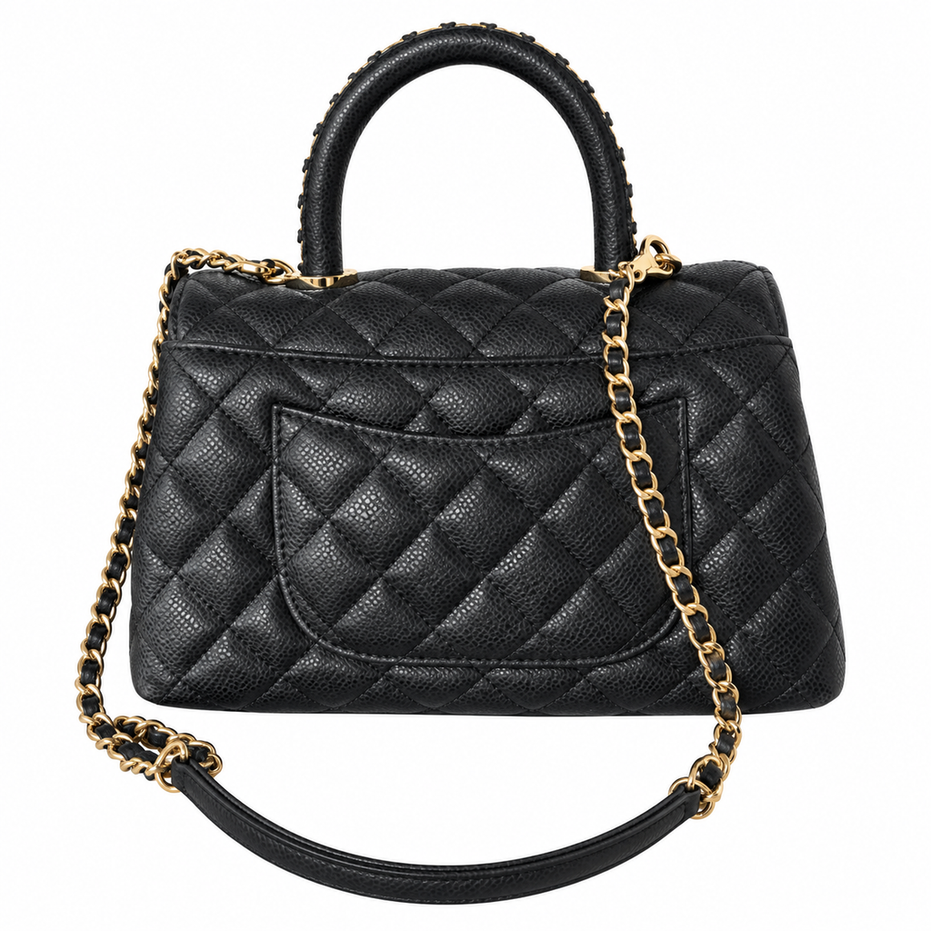 Chanel Black Caviar Quilted Top Handle Crossbody Bag Polished Gold Hardware CHANEL-Engraved Ring CC Lobster Clasp 23cm