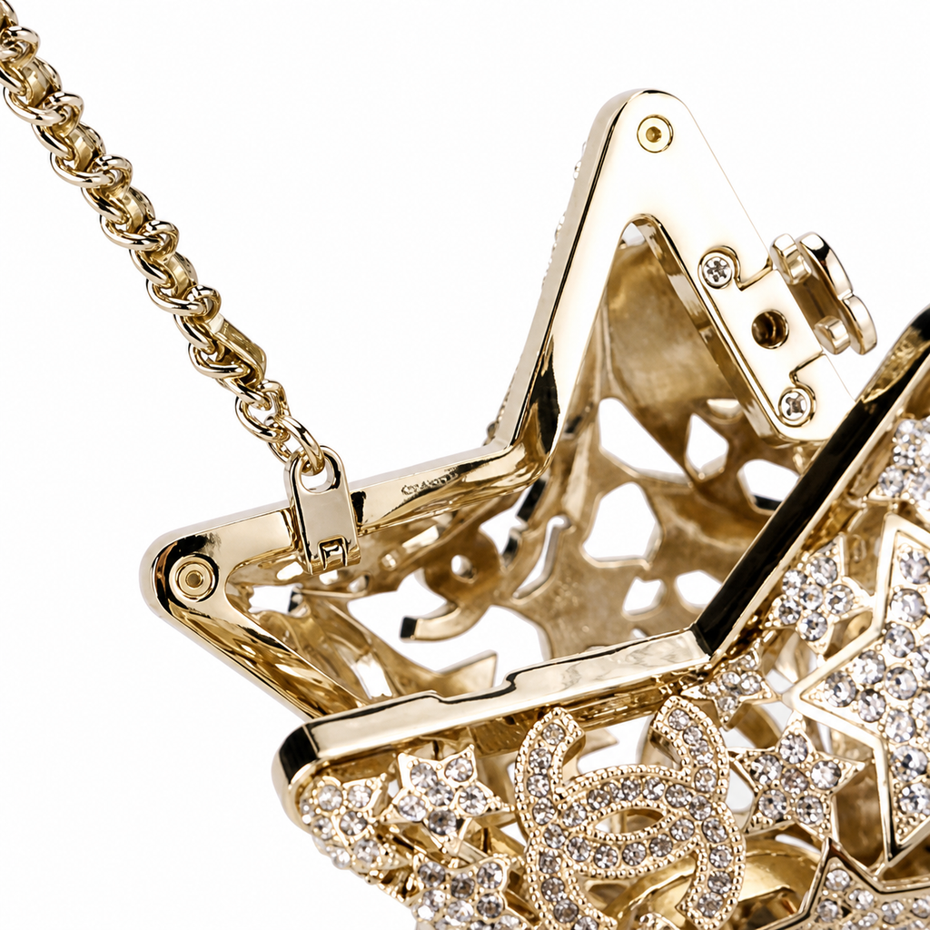 Chanel Gold Crystal Pavé Star Minaudière Evening Bag | CC Filigree | Gold Chain | 13cm