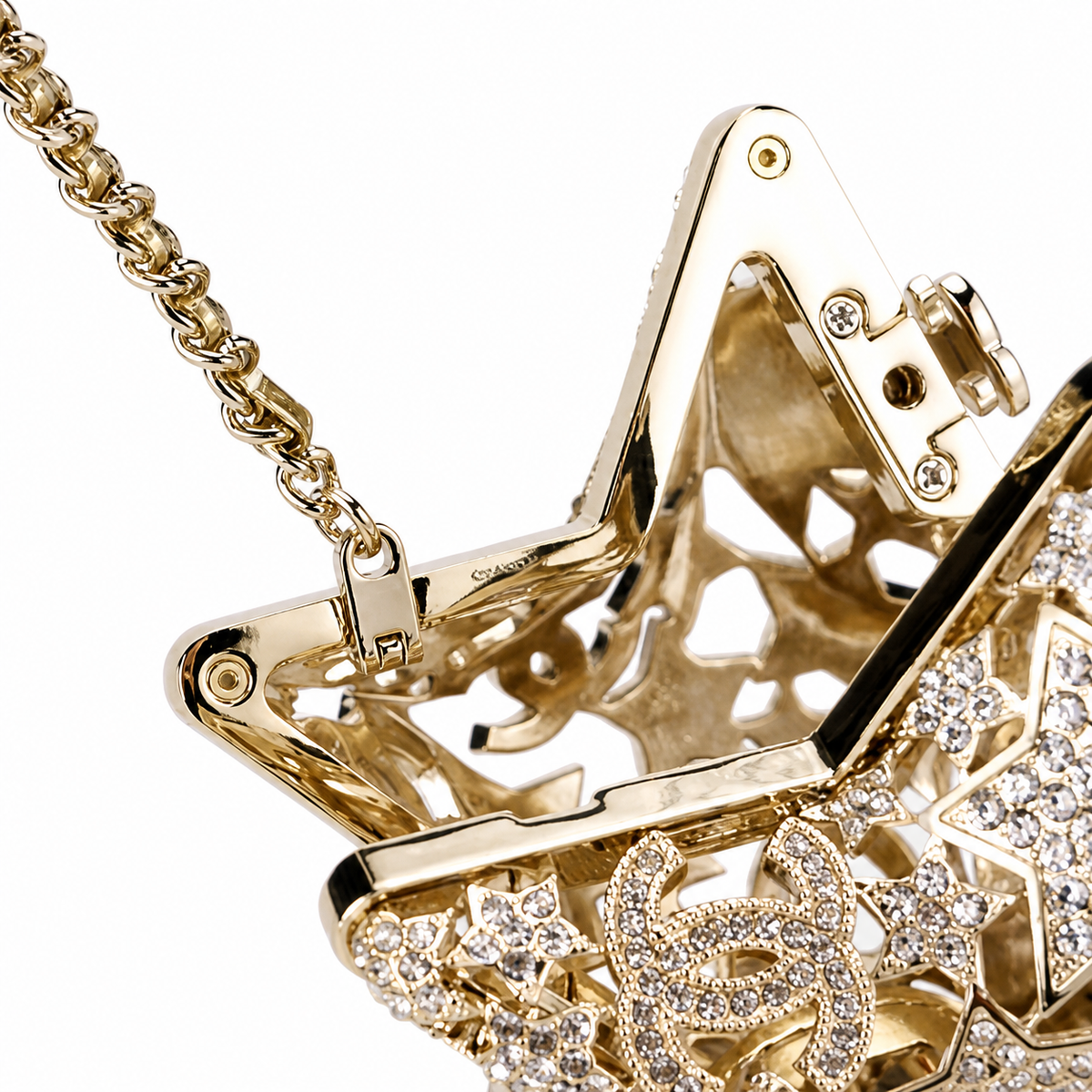 Chanel Gold Crystal Pavé Star Minaudière Evening Bag | CC Filigree | Gold Chain | 13cm