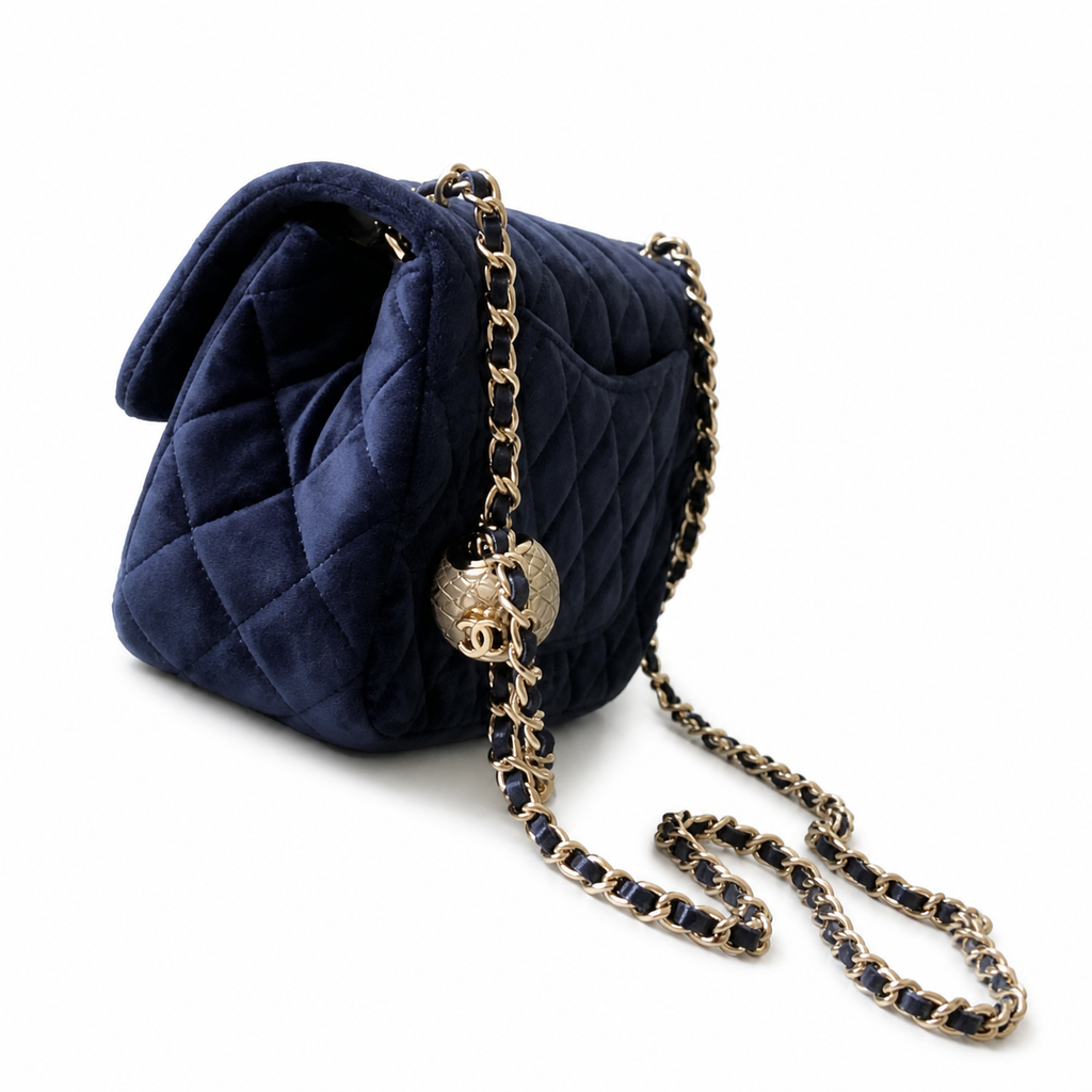Chanel Pearl Crush Mini Square Flap Bag Navy Blue Velvet Gold Pearl Chain 18cm