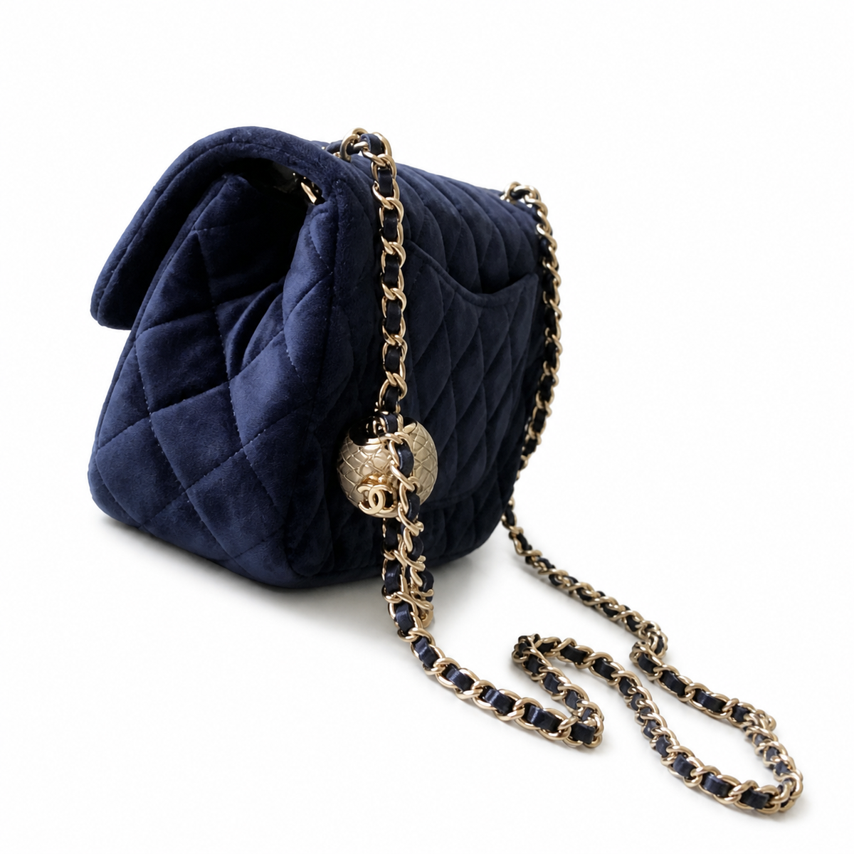 Chanel Pearl Crush Mini Square Flap Bag Navy Blue Velvet Gold Pearl Chain 18cm