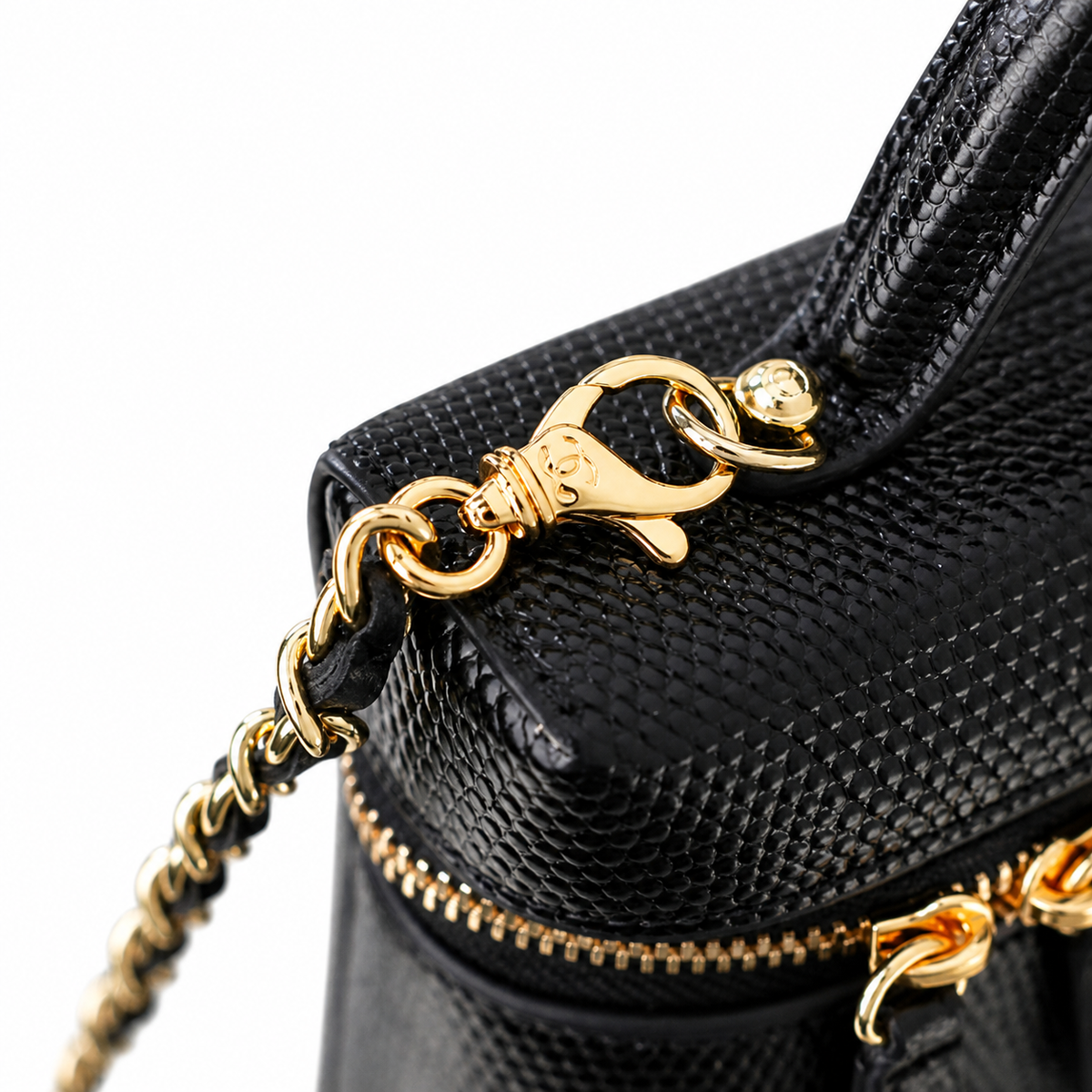 CHANEL Black Lizard-Embossed Leather Vanity Case Dual Zip Top Handle Chain Bag