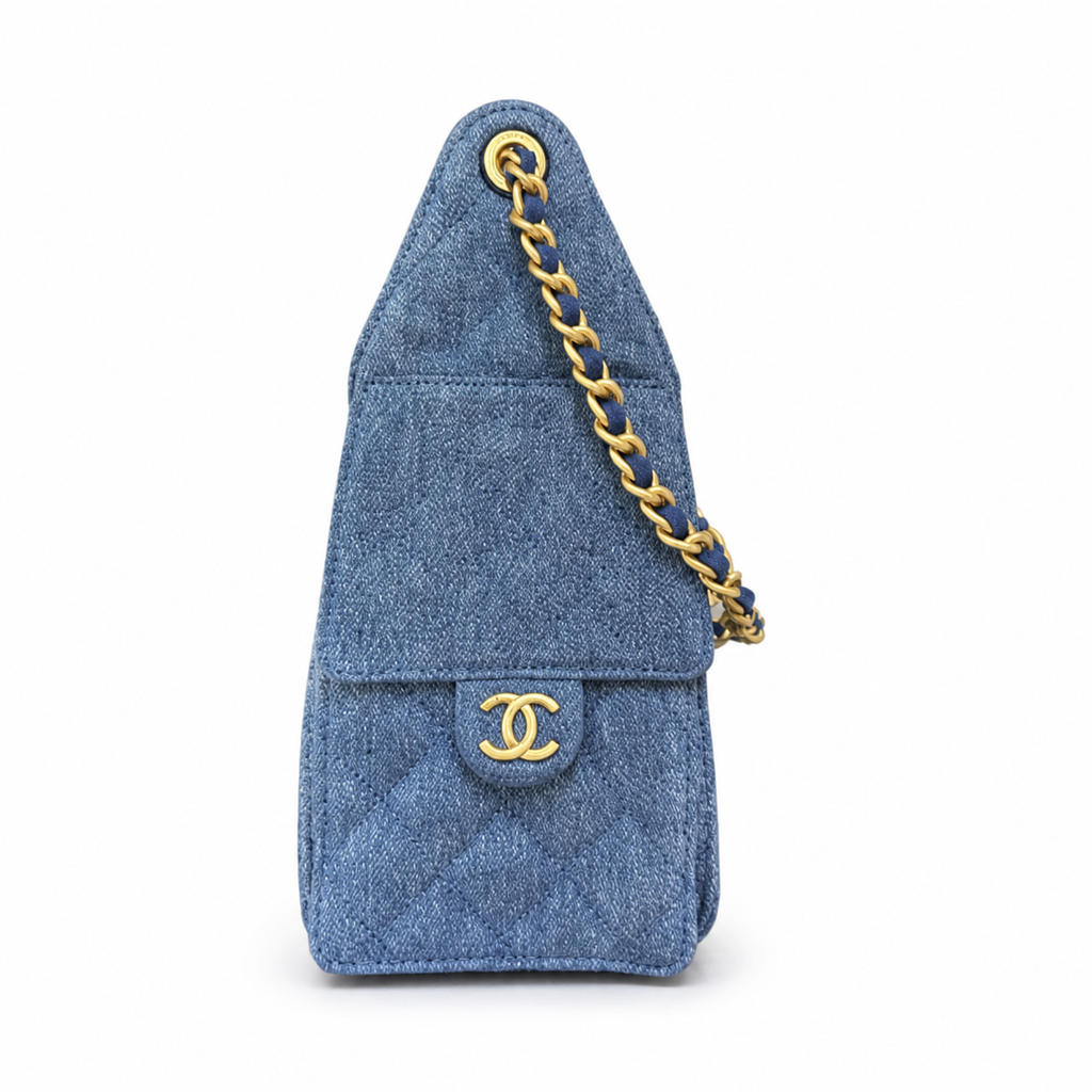 CHANEL Drawstring Bucket Bag – Blue Quilted Denim Gold Hardware CC Chain 26×13.5×30cm