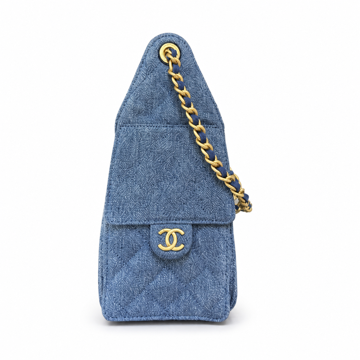 CHANEL Drawstring Bucket Bag – Blue Quilted Denim Gold Hardware CC Chain 26×13.5×30cm