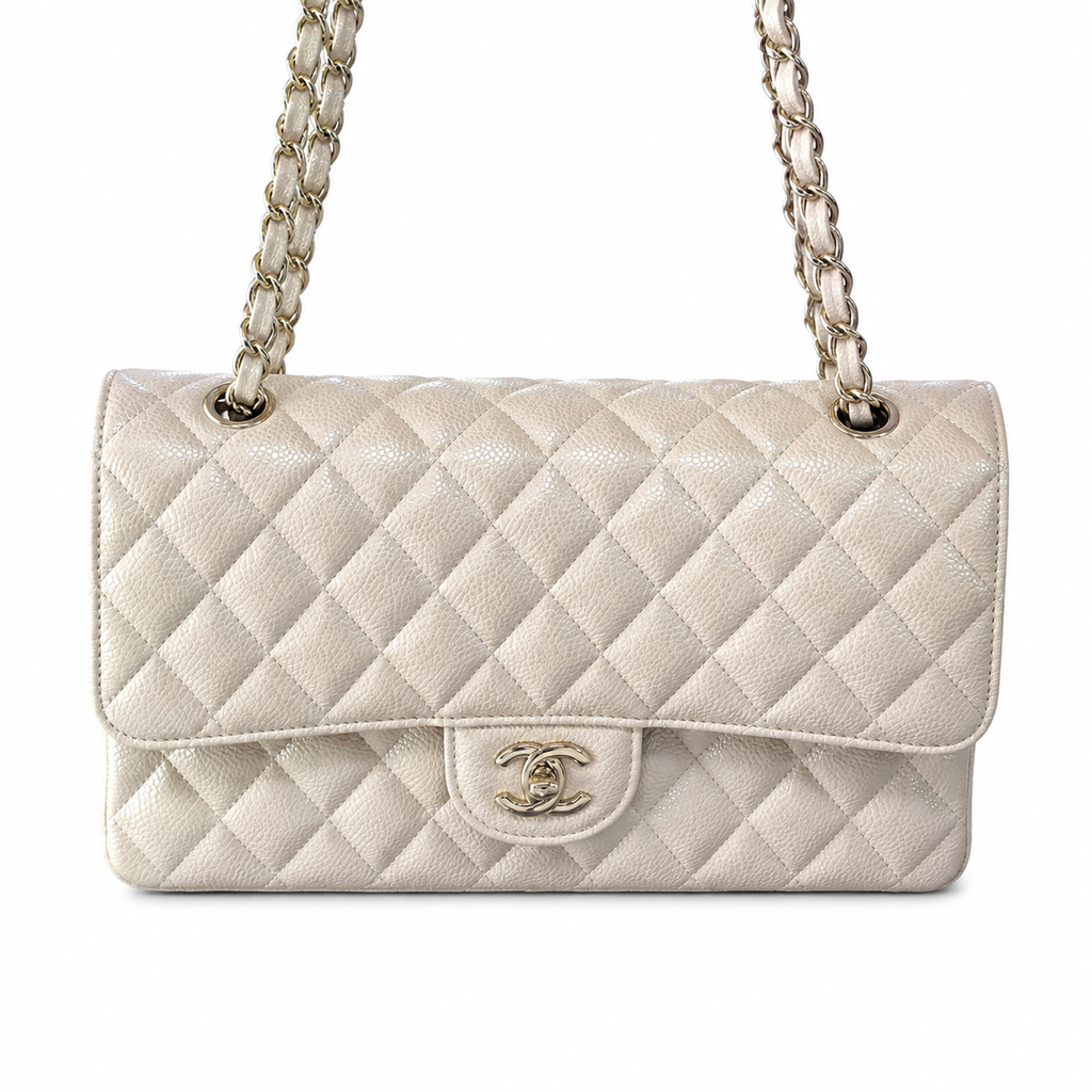 CHANEL Ivory Quilted Lambskin Medium Classic Double Flap Bag Silver Hardware