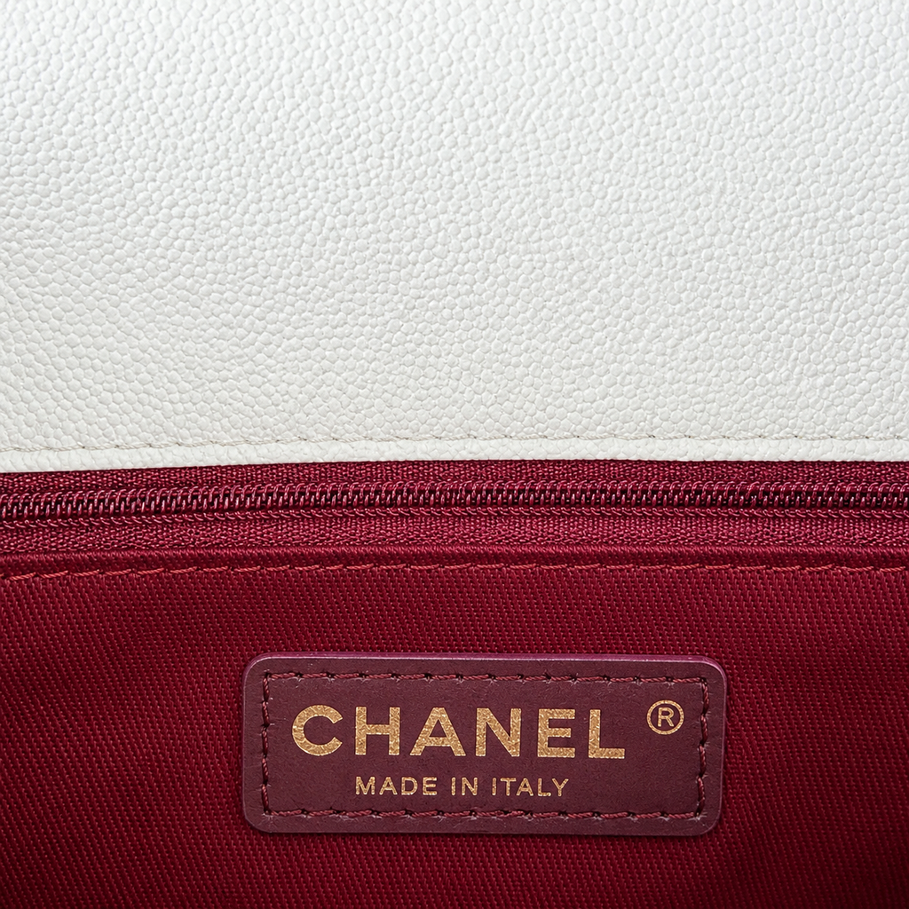 Chanel Coco Handle Quilted Caviar Bag White Burgundy Lizard Top Handle 24cm