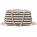 Chanel Black White Striped Woven Raffia Bowling Bag Gold Chain Strap CC Zip Pull Cream Leather Trim 18.5cm