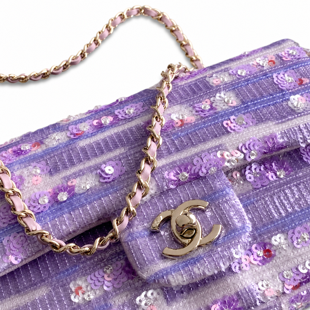 CHANEL Lavender Purple Sequin Embroidered Striped Classic Flap Bag Silver