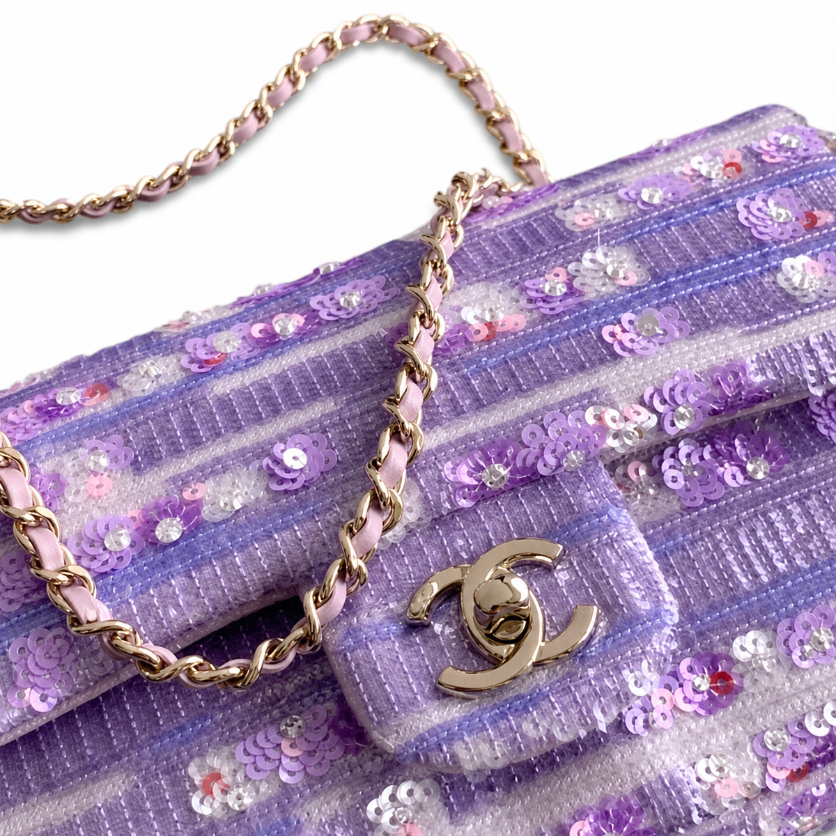 CHANEL Lavender Purple Sequin Embroidered Striped Classic Flap Bag Silver