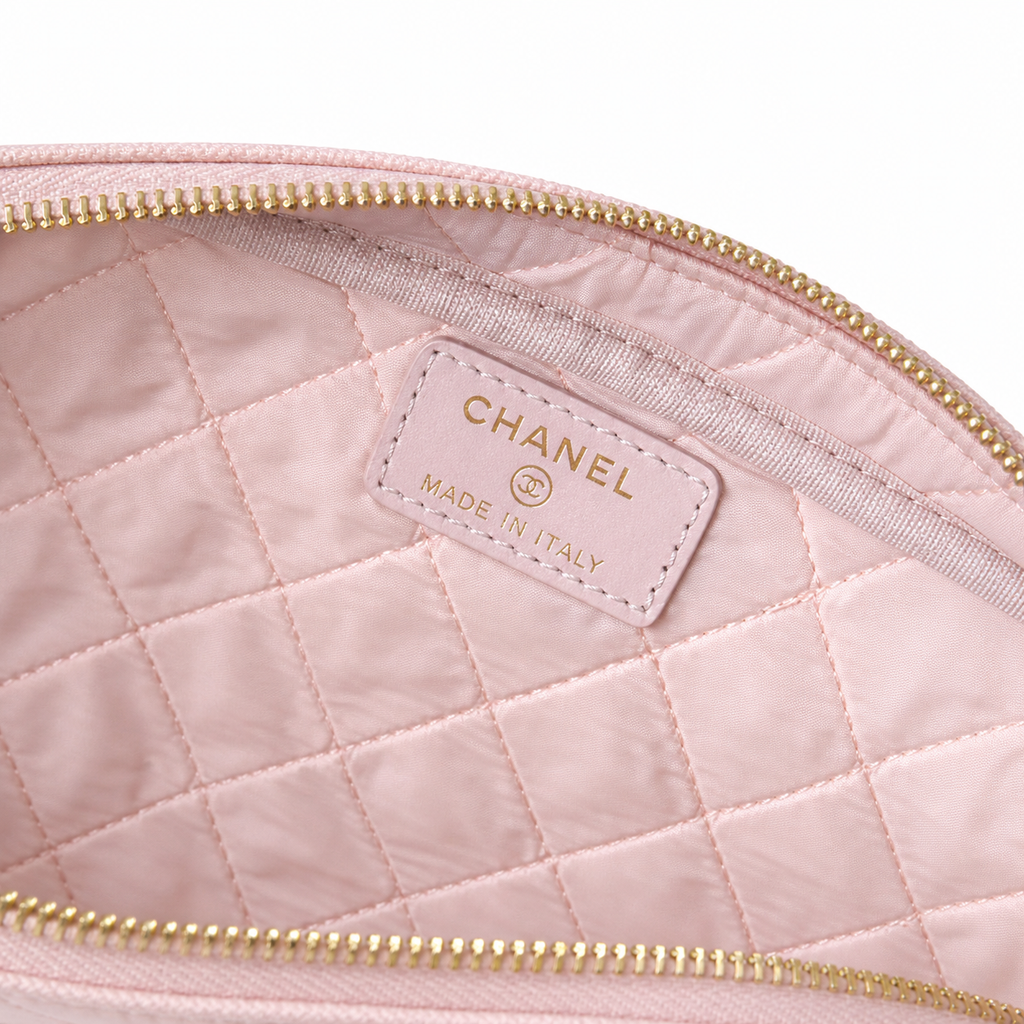 Chanel Light Pink Lambskin Quilted Dome Demi-Lune Cosmetic Clutch Silver Chain Wrist Strap 18cm