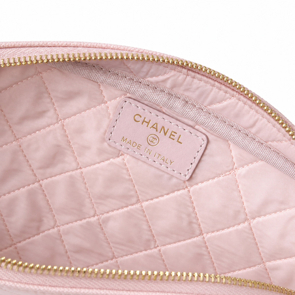 Chanel Light Pink Lambskin Quilted Dome Demi-Lune Cosmetic Clutch Silver Chain Wrist Strap 18cm