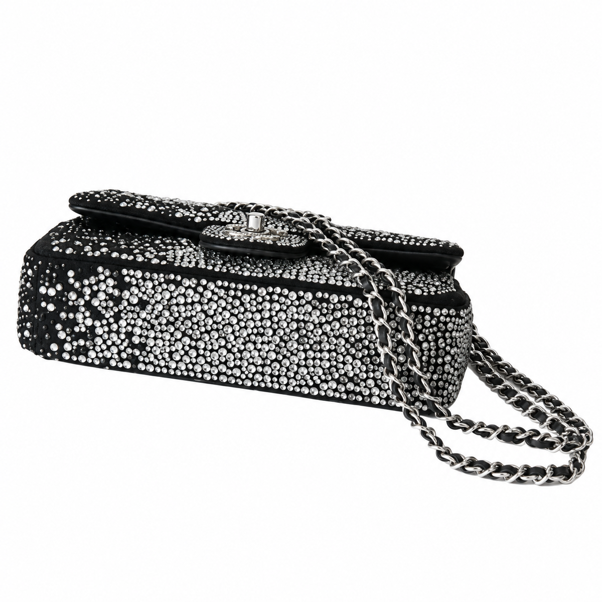 Chanel Black & Silver Crystal Leopard Print Rhinestone Mini Flap Evening Bag | Silver CC | Chain | 20cm