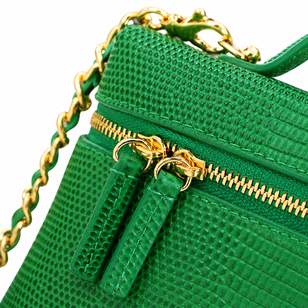 CHANEL Emerald Green Lizard-Embossed Leather Vanity Case Top Handle Chain Bag