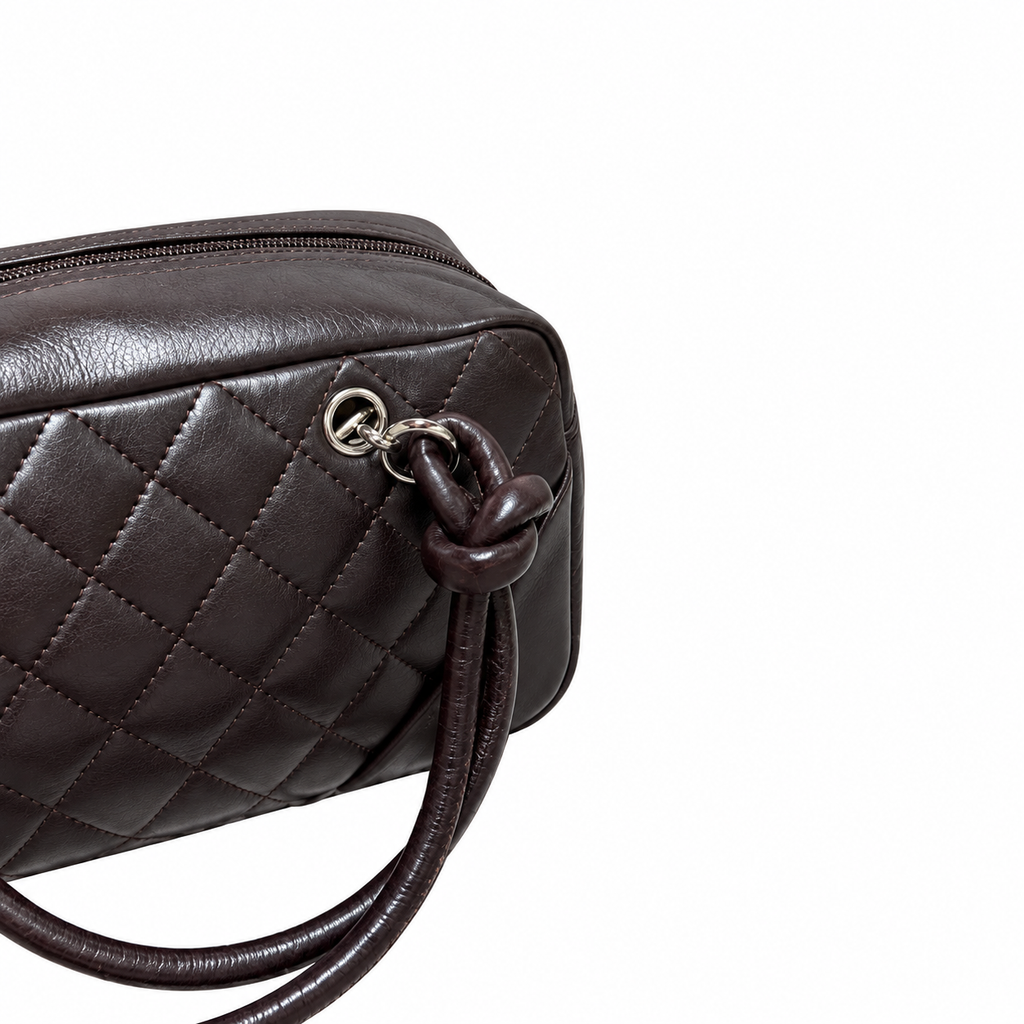 Chanel Cambon Mini Bowler Bag | Dark Brown Quilted Lambskin CC Logo Silver Hardware Orange Lining | 21cm