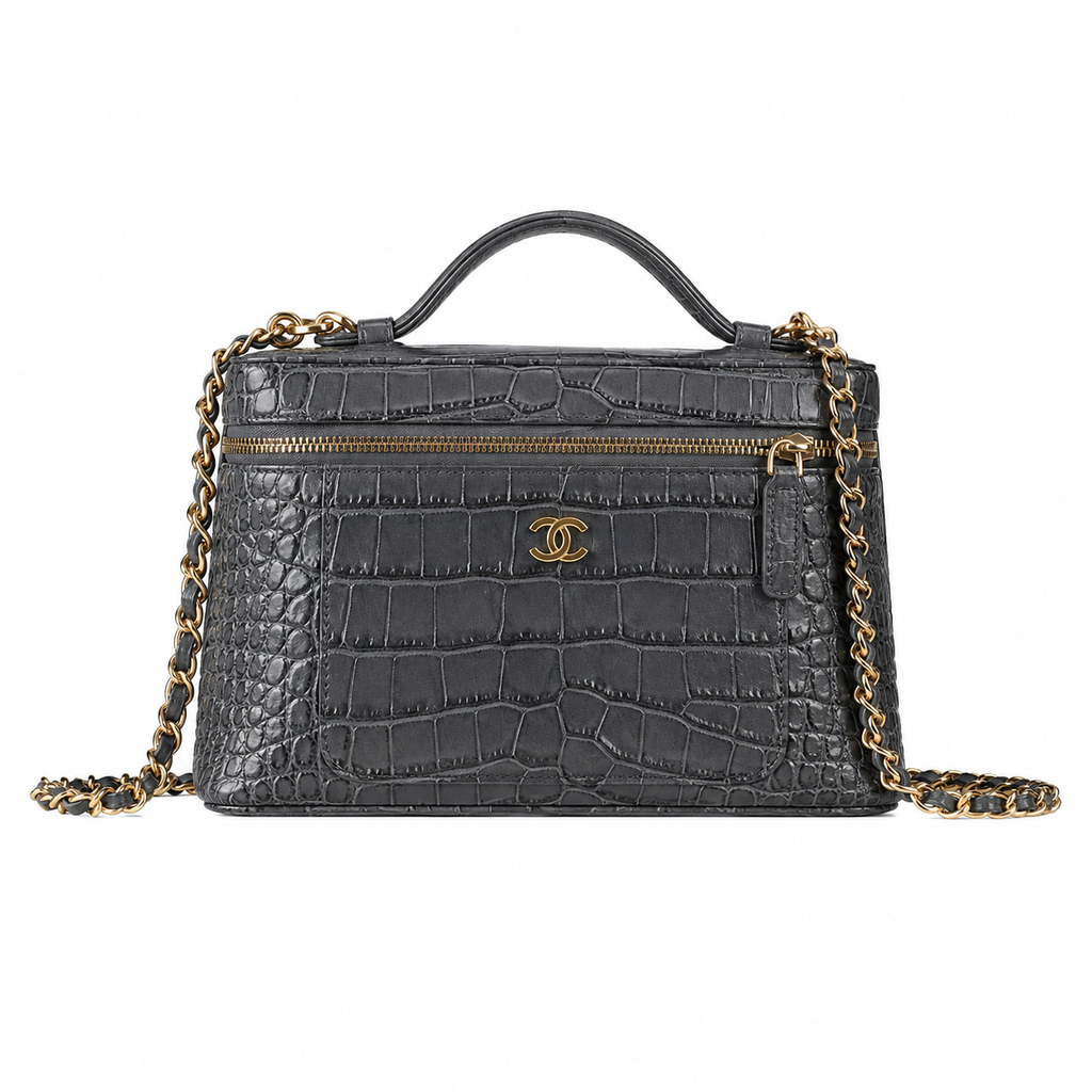 Chanel Slate Grey Croc-Embossed Structured Box Bag | Full-Width Front Zip & Antique Gold Chain