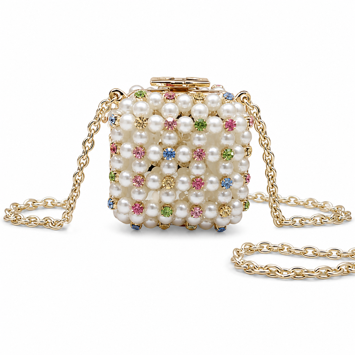 CHANEL Pearl Crystal Minaudiere Evening Bag Gold Chain CC Logo