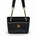 Chanel Black Caviar Open-Top Tote | Built-In Front CC Flap Pocket & Gold Chain Straps — 26cm