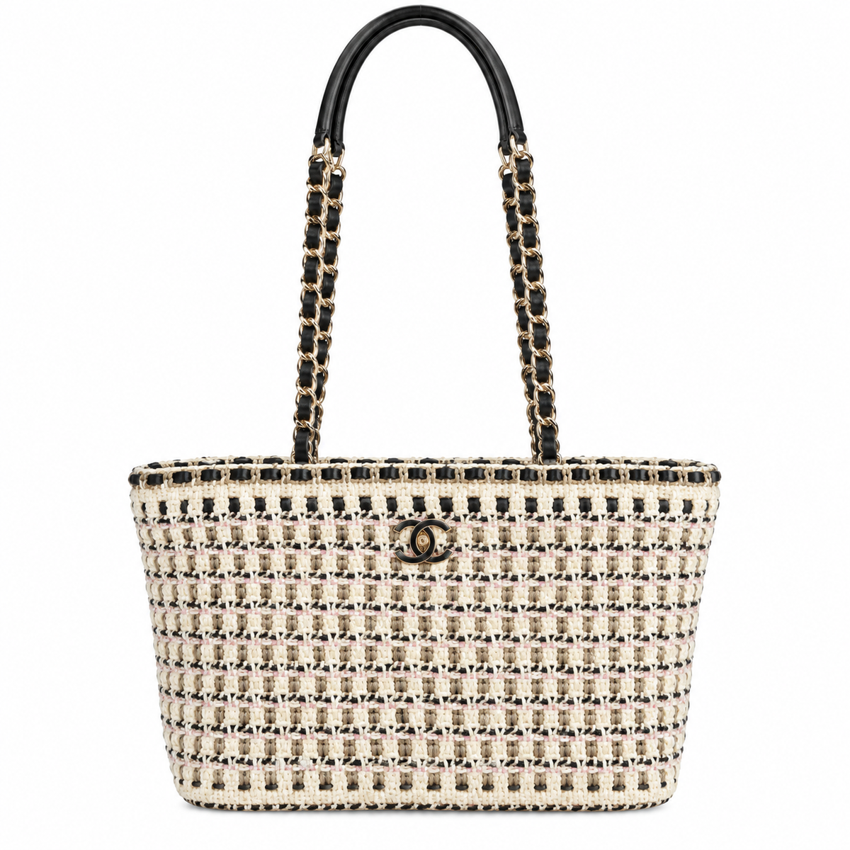 Chanel Black & White Woven Tweed Shopping Tote Bag | Gold CC Chain Handles | 28×20×13cm
