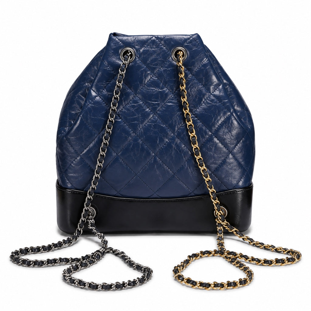 Chanel Gabrielle Backpack Navy Blue Aged Calfskin Black Patent Base Mixed Metal Hardware Drawstring Chain 24cm