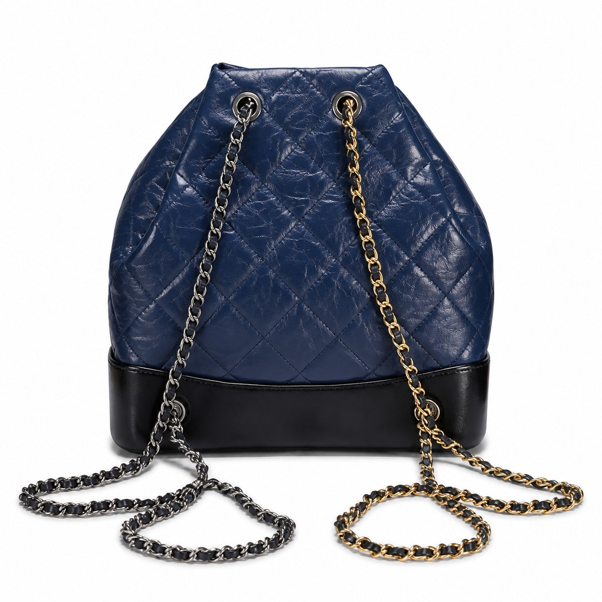 Chanel Gabrielle Backpack Navy Blue Aged Calfskin Black Patent Base Mixed Metal Hardware Drawstring Chain 24cm