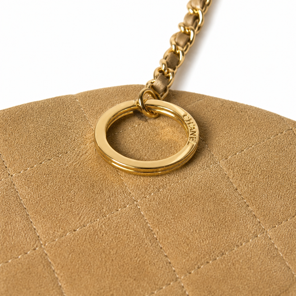 Chanel Camel Suede Quilted Bucket Crossbody Bag | Dual CC Leather Medallions | Top Handle & Strap | 20×18×12cm