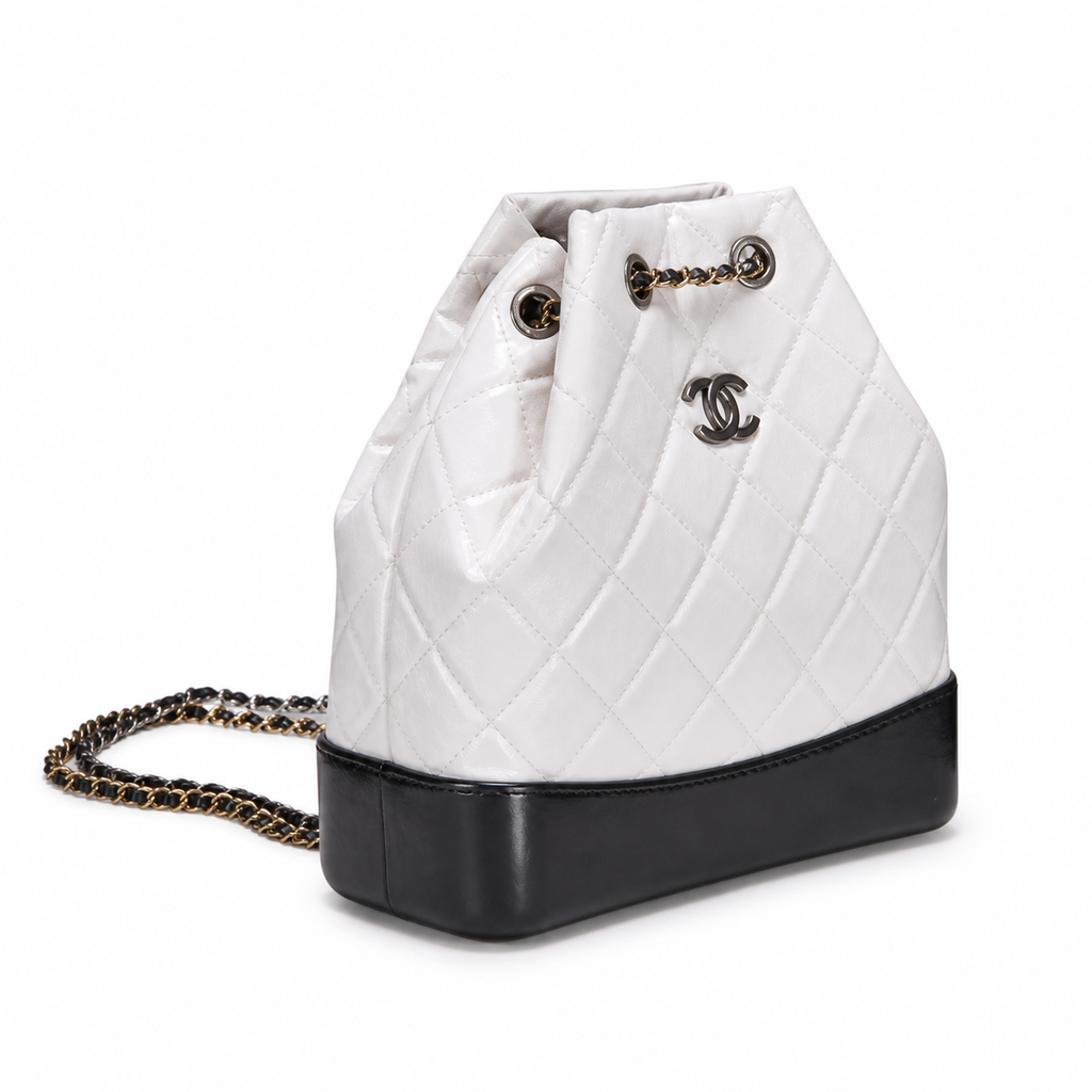 Chanel Gabrielle Backpack White Quilted Leather Black Patent Base Mixed Metal Hardware Red Interior Made in Italy 24cm
