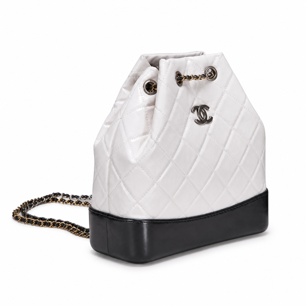 Chanel Gabrielle Backpack White Quilted Leather Black Patent Base Mixed Metal Hardware Red Interior Made in Italy 24cm