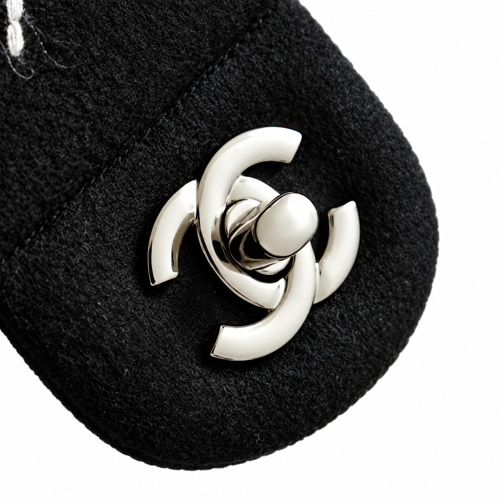 Chanel Classic Double Flap Tweed Black Camellia Charm Silver 25cm