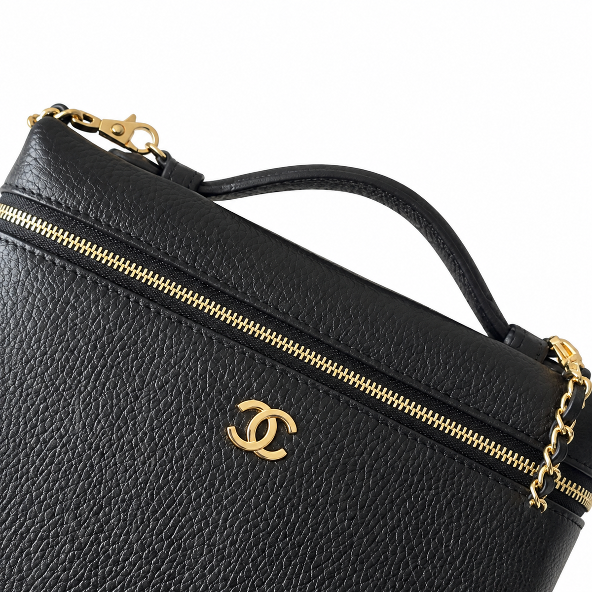 Chanel Black Pebbled Leather Mini Top Handle Zip Bag Gold Chain Crossbody