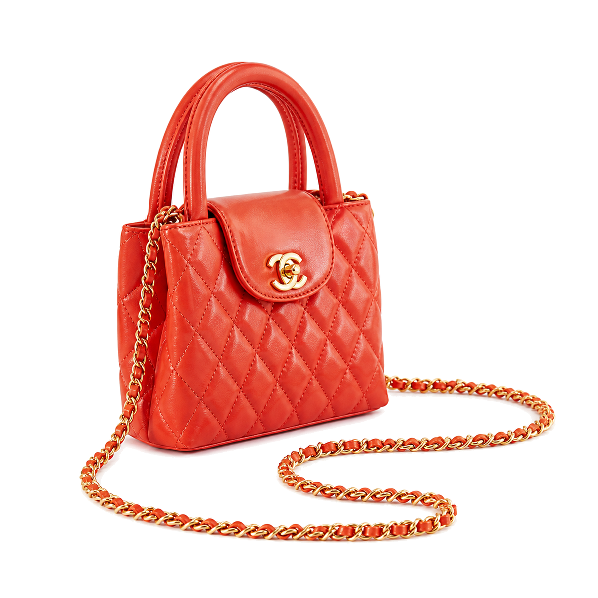 Chanel Coral Red Quilted Lambskin Mini Coco Handle Bag Gold Chain Made in Italy