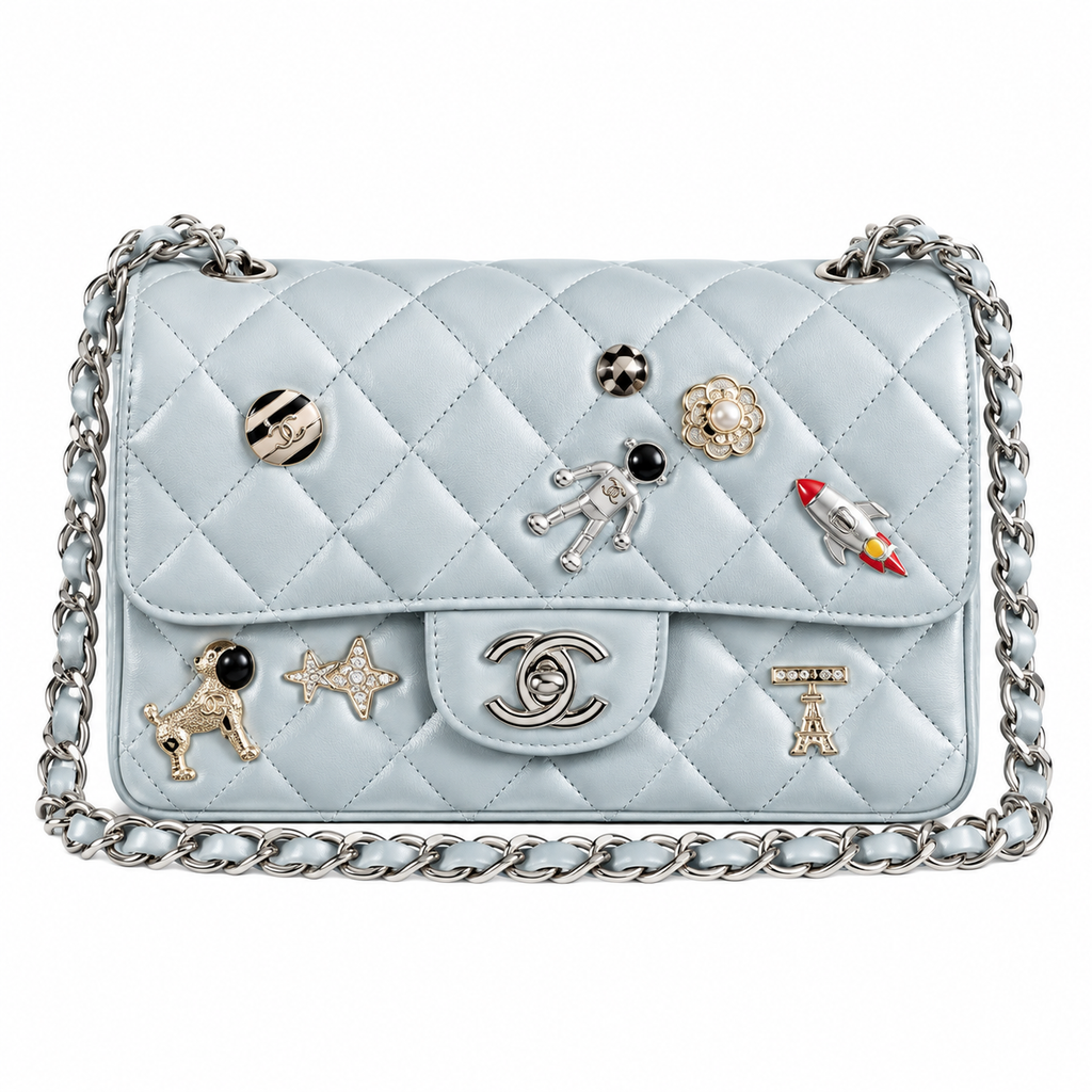 Chanel Mini Classic Flap Space Charm Ice Blue Lambskin Silver 20cm