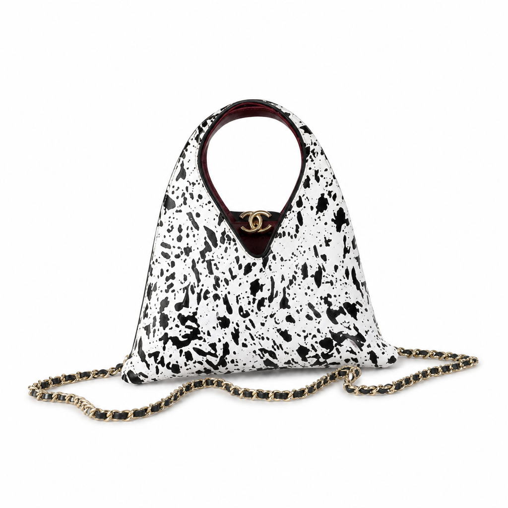 CHANEL White Black Splatter Print Triangle Hobo Bag Burgundy Handle CC