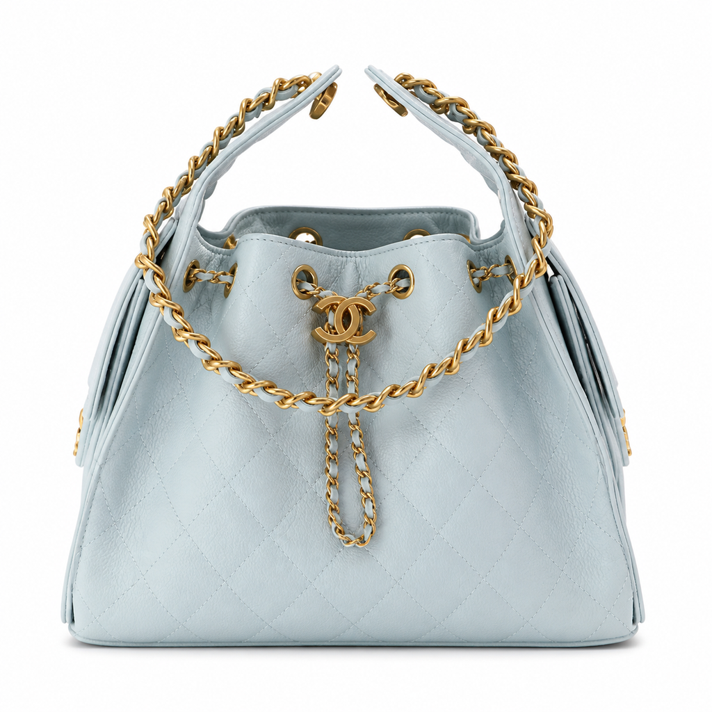 Chanel Quilted Leather Drawstring Backpack Light Blue Gold Hardware