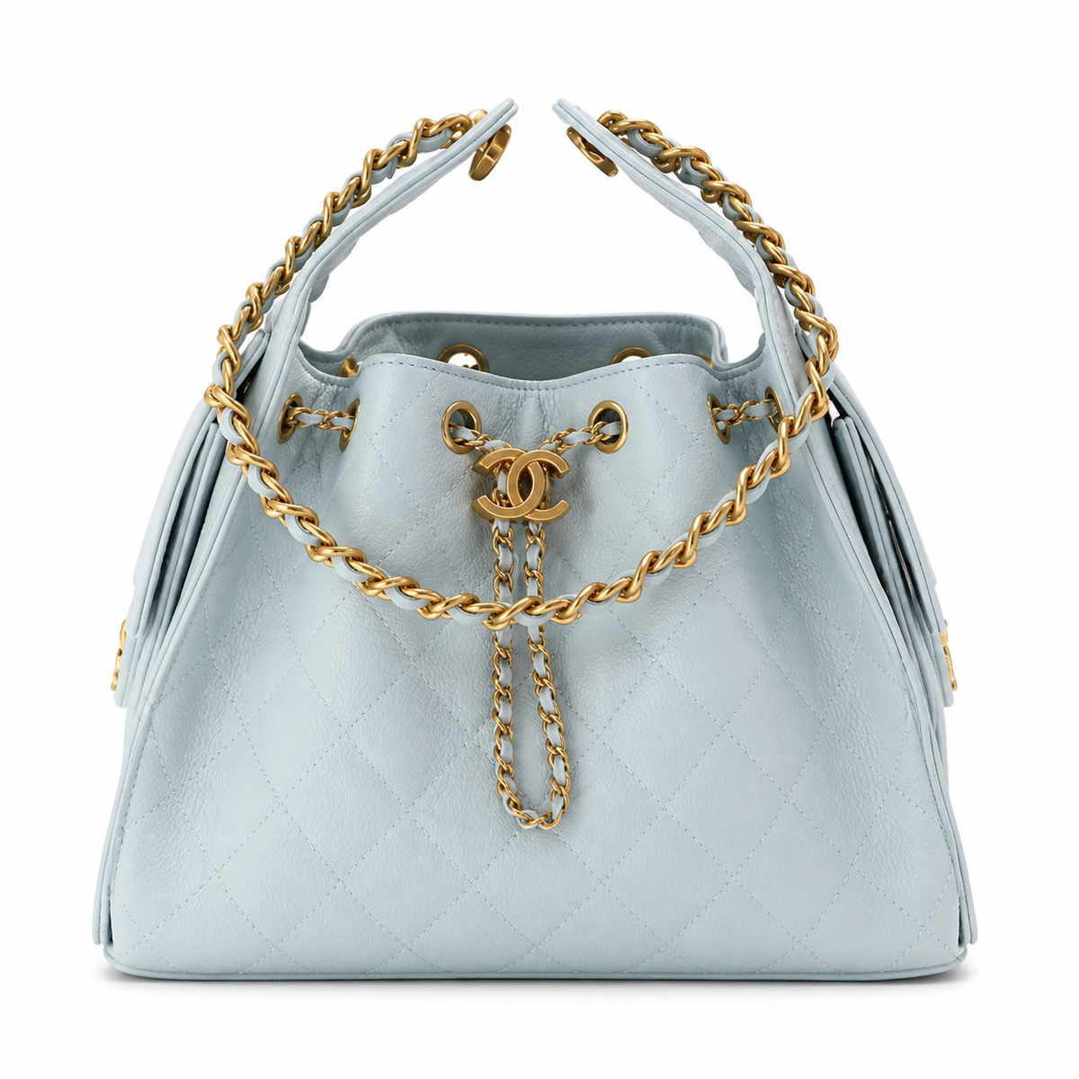 Chanel Quilted Leather Drawstring Backpack Light Blue Gold Hardware