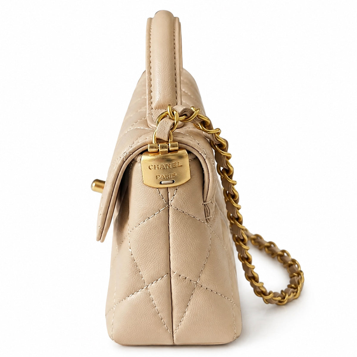 Chanel Classic Flap Bag – Beige Quilted Lambskin, Gold Hardware (12×22×6cm)